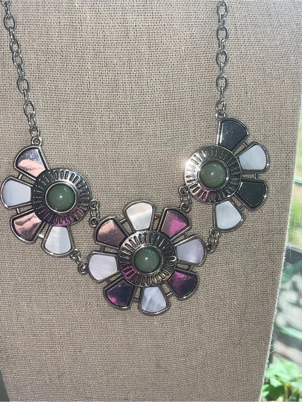 Floral Statement Necklace with Mint Accents Silver Flower Necklace with Green St
